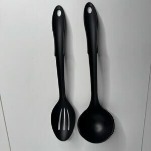 Set of 2 Utensils Black Plastic Slotted Serving Spoons, Heat Resistant USA
